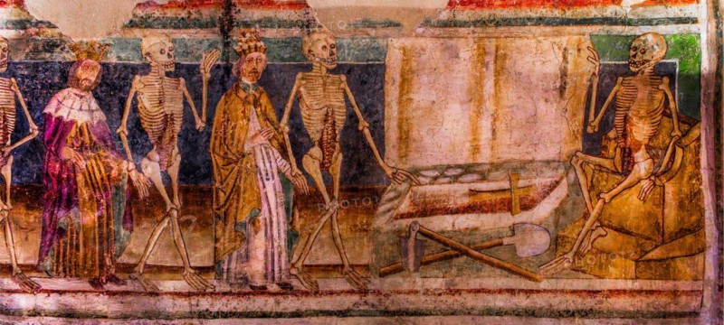 Dance of Death on the south wall, the equality of all people in front of death, Gothic frescoes from 1490, a highlight of medieval wall painting, by Johannes von Kastav, Romanesque Church of the Holy Trinity, 15th century, Hrastovlje, Slovenia, Hrastovlje, Slovenia, Europe