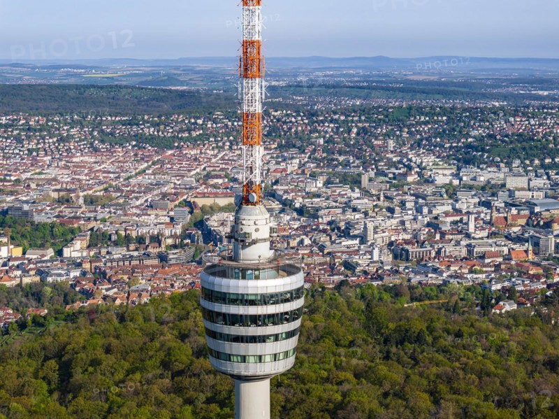 TV tower, world's first reinforced concrete tower, landmark and sight of the city of Stuttgart and official cultural monument, panoramic photo, drone photo, view of the city centre with collegiate church, Old Palace, New Palace, main railway station, Stuttgart, Baden-Wuerttemberg, Germany, Europe