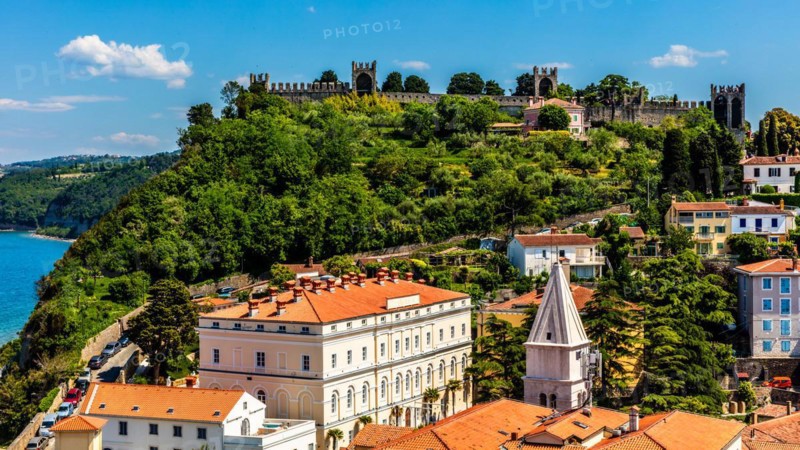 View from the bell tower over Piran with city walls and castle, harbour town of Piran on the Adriatic coast with Venetian flair, Slovenia, Piran, Slovenia, Europe