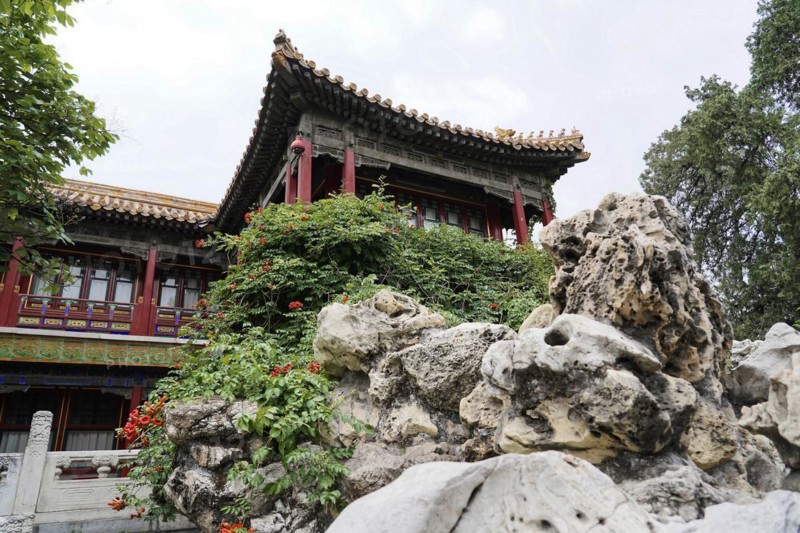 China, Beijing, Forbidden City, UNESCO World Heritage Site, An ornate Chinese pavilion peeking out from behind an arrangement of rocks, Forbidden City (Palace Museum) in Beijing, China, Asia