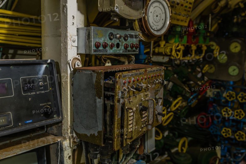 Old dilapidated gauges, dials and switch panels on board submarine on display at Unification Park in Gangneung, South Korea, Asia