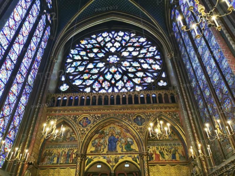 Paris 1er arr. The Rose window stained glass of the Holy Chapel (La Sainte Chapelle) . Ile de France. France