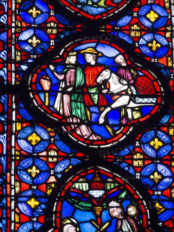Paris 1er arr. Stained glass of the Holy Chapel (La Sainte Chapelle) built on the Ile de la Cite at the request of Saint Louis, Ile de France. France