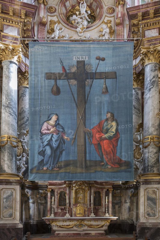 Historic Lenten cloth, around 1750, in front of the altar, St Roch's Monastery Church, Ebrach, Lower Franconia, Bavaria, Germany, Europe