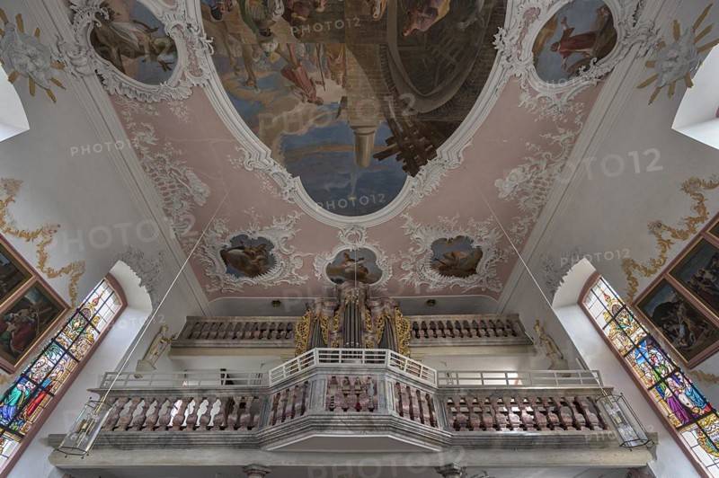 Organ from 1860 with stucco ceiling from around 1750, St Wendelin, built around 1750, Eyershausen, Lower Franconia, Bavaria, Germany, Europe