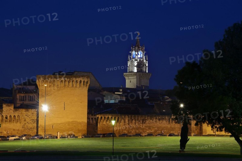 Old city wall and town hall tower at night, Avignon, Vaucluse, Provence-Alpes-Cote d'Azur, South of France, France, Europe