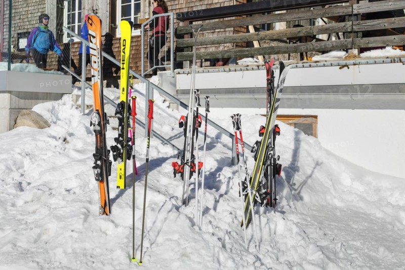 Ski equipment in front of the Edmund-Probst-Haus on the Nebelhorn, Oberstdorf, Allgaeu, Swabia, Bavaria, Germany, Oberstdorf, Bavaria, Germany, Europe