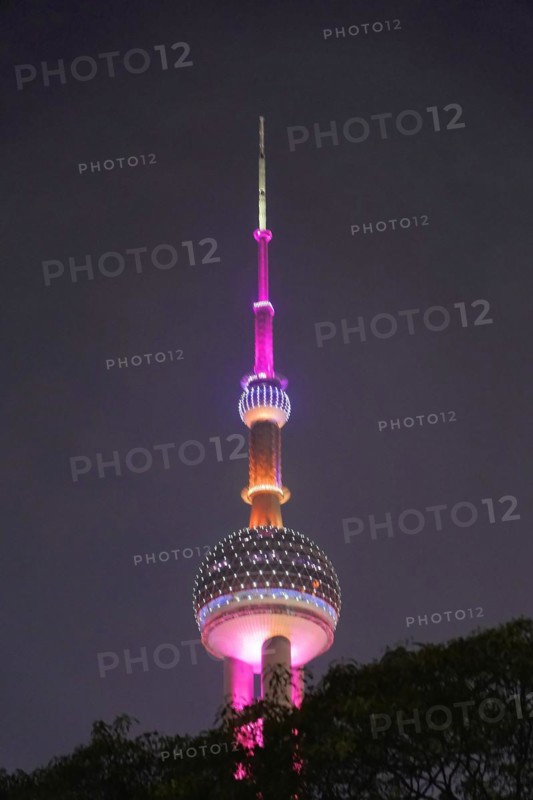 Oriental Pearl Tower, Pudong, Shanghai, China, Asia, Tower illuminated in purple behind treetops at night, Shanghai, People's Republic of China, Asia