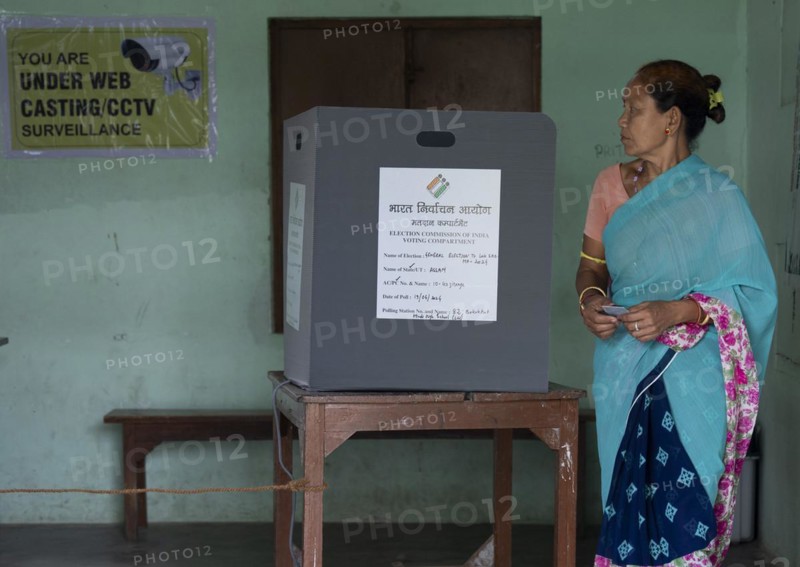 BOKAKHAT, INDIA, APRIL 19: A women casts her vote during the first phase of the India's general elections on April 19, 2024 in Bokakhat, Assam, India. Nearly a billion Indians vote to elect a new government in six-week-long parliamentary polls starting today
