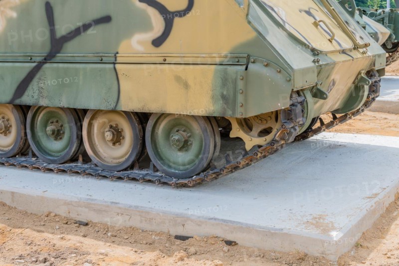 Tracks and lower portion of military vehicle used in Korean war on display in public park in Nonsan, South Korea, Asia