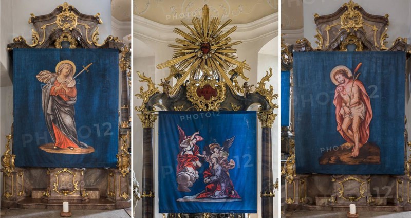 Compilation of three historical Lenten cloths, made in 1726, in front of the altars, St Nicholas parish church, Gundelsheim, Baden-Wuerttemberg, Germany, Europe