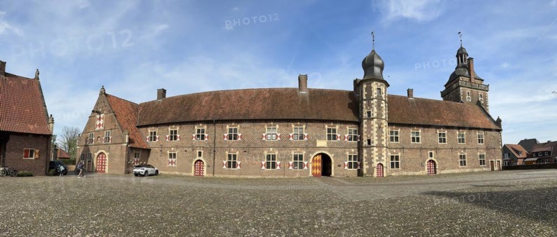 Panoramic photo view from castle courtyard to outer bailey of moated castle Schloss Raesfeld, on the right Sterndeuterturm, Freiheit Raesfeld, Muensterland, North Rhine-Westphalia, Germany, Europe
