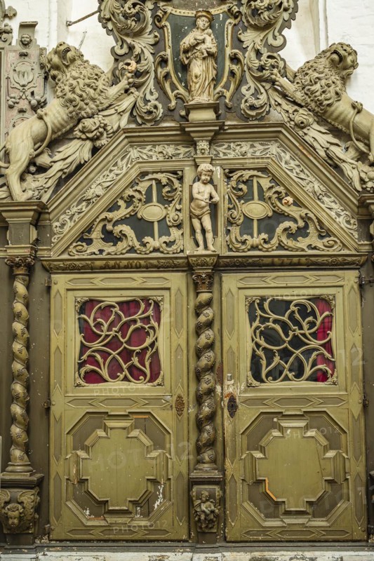 Richly decorated portal of one of the tomb chapels in the side aisles of St Mary's Church in the historic old town of Rostock, Mecklenburg-Western Pomerania, Germany, Europe