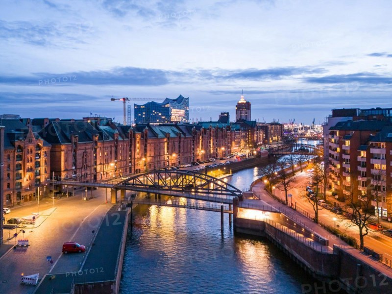 Aerial view of Speicherstadt Hamburg and the Elbe Philharmonic Hall with customs canal at blue hour, Hamburg, Germany, Europe