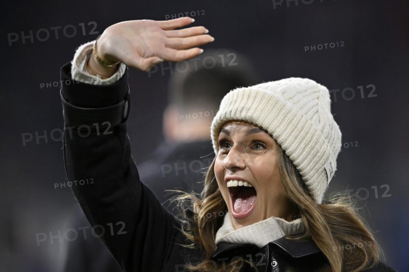 TV presenter Laura Wontorra DAZN, portrait, cap, laughs, waves to her fans, Allianz Arena, Munich, Bavaria, Germany, Europe