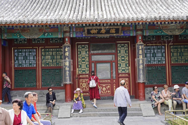 New Summer Palace, Beijing, China, Asia, People in front of a richly decorated traditional temple, Beijing, Asia