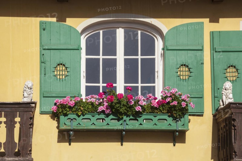 Old, green wooden window with shutters and flower box, Garmisch district, Garmisch-Partenkirchen, Werdenfelser Land, Upper Bavaria, Bavaria, Germany, Europe