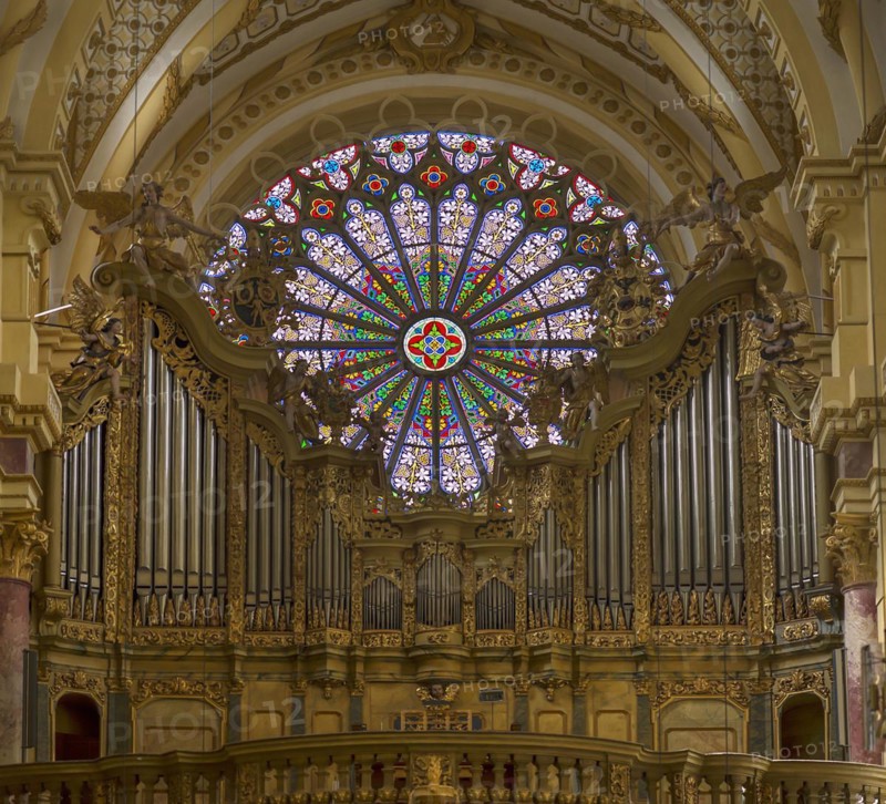 Main organ built around 1742, the Gothic rose window at the back, St Roch's Monastery Church, Ebrach, Lower Franconia, Bavaria, Germany, Europe