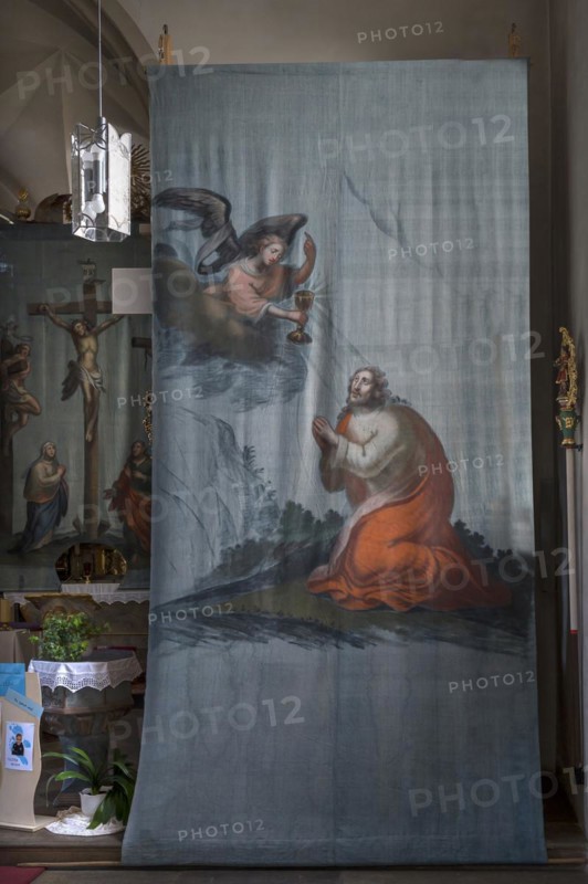 Historic Lenten cloth in front of the right side altar, created around 1890, St Laurentius Church, Schoenau an der Brend, Lower Franconia, Bavaria, Germany, Europe