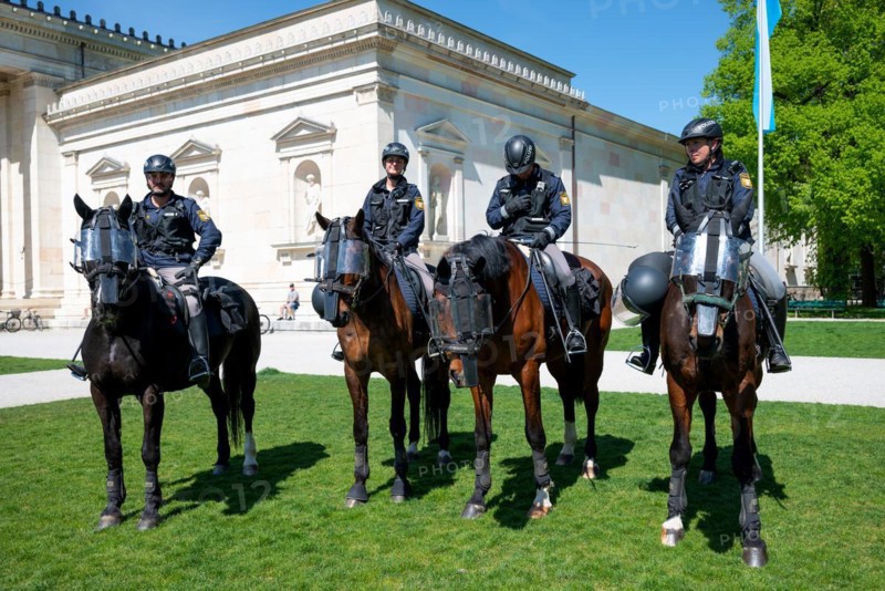 Munich March for Life, protest march against abortion, 13 April 2024, mounted police in front of the Glyptothek on Koenigsplatz, Munich, Bavaria, Germany, Europe