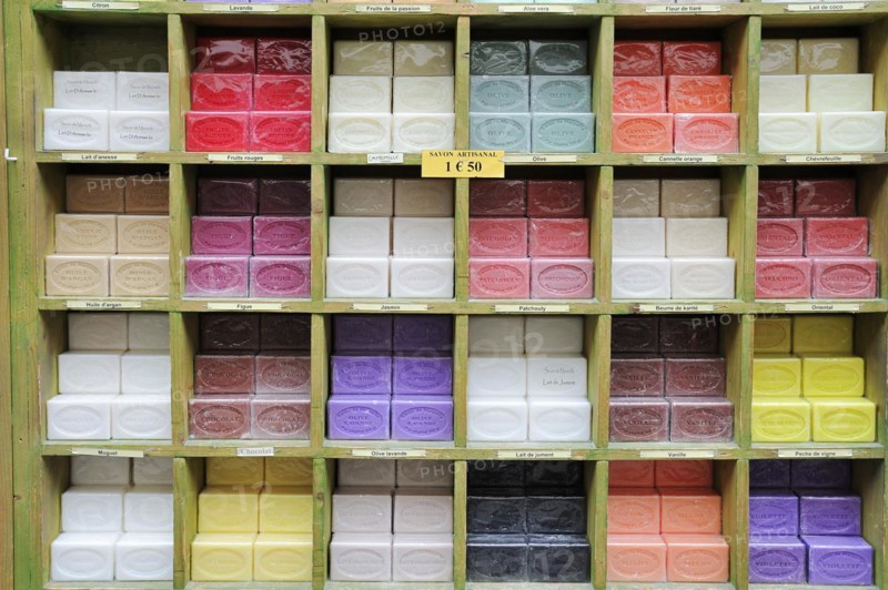 Various soaps in front of a shop, Aigues-Mortes, Camargue, Gard, Languedoc-Roussillon, South of France, France, Europe