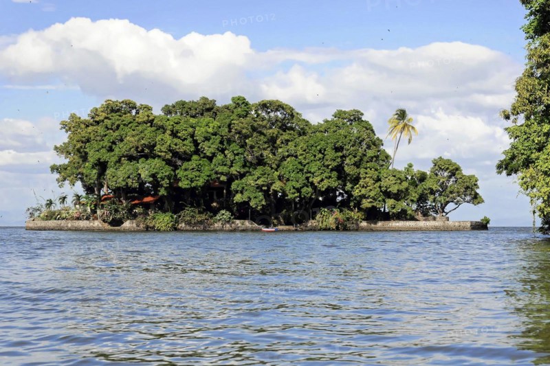 Granada, Nicaragua, Densely overgrown island on the Nicaragua Sea with a small boat passing by, Central America, Central America
