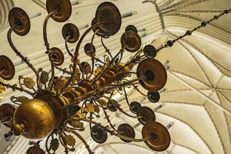 Chandelier hanging from the vault, interior view of St Mary's Church in the historic old town of Rostock, Mecklenburg-Western Pomerania, Germany, Europe