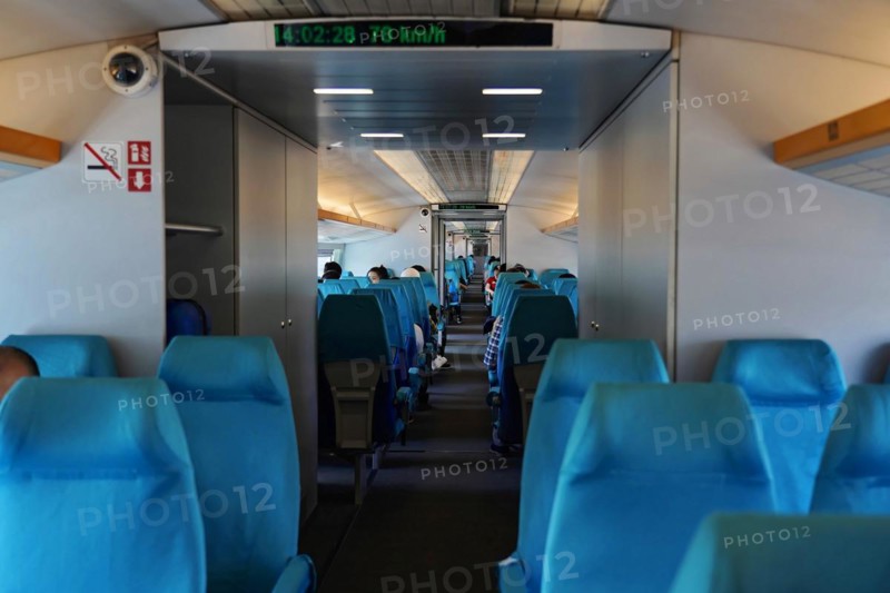 Shanghai Transrapid Maglev Shanghai Maglev Train Station Station, Shanghai, China, Asia, View into the interior of a high-speed train with information screen about speed, Asia