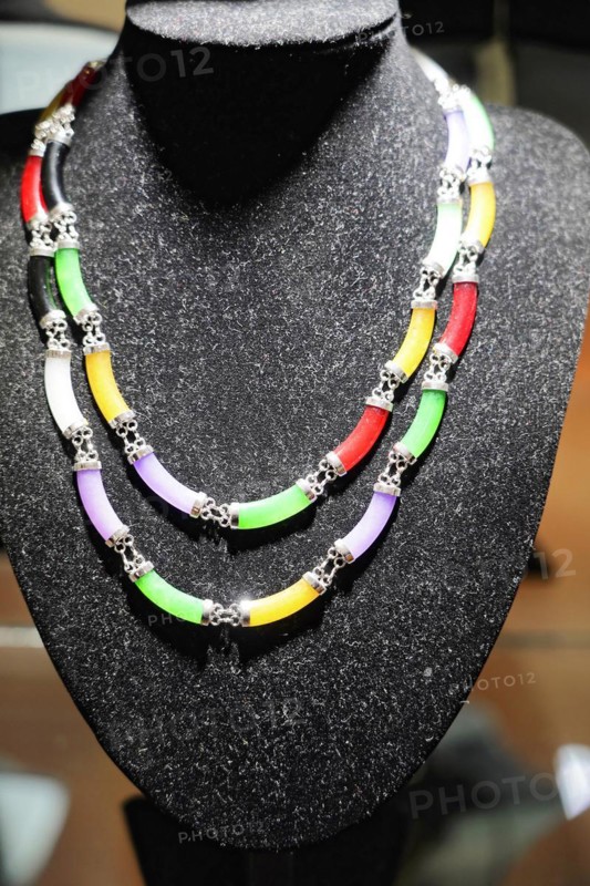 Xian, Shaanxi Province, China, Asia, A colourful necklace presented in a jewellery showcase, luxury accessory, Xian, Shaanxi Province, China, Asia