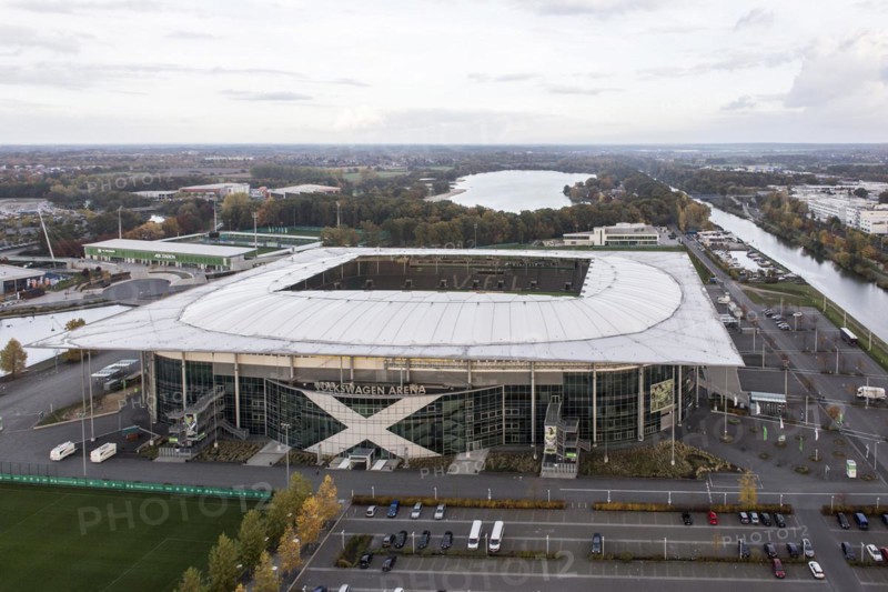 Aerial view of the VFL Wolfsburg football stadium, 25 October 2015, Wolfsburg, Lower Saxony, Germany, Europe