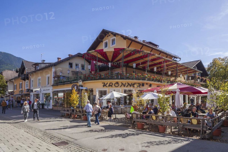Houses with Cafe Kroenner in the pedestrian zone of Garmisch, Garmisch district, Garmisch-Partenkirchen, Werdenfelser Land, Upper Bavaria, Bavaria, Germany, Europe