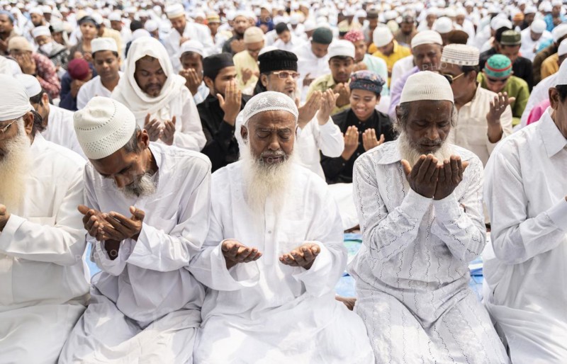 Muslims gather to perform Eid al-Fitr prayer at Eidgah in Guwahati, Assam, India on April 11, 2024. Muslims around the world are celebrating the Eid al-Fitr holiday, which marks the end of the fasting month of Ramadan