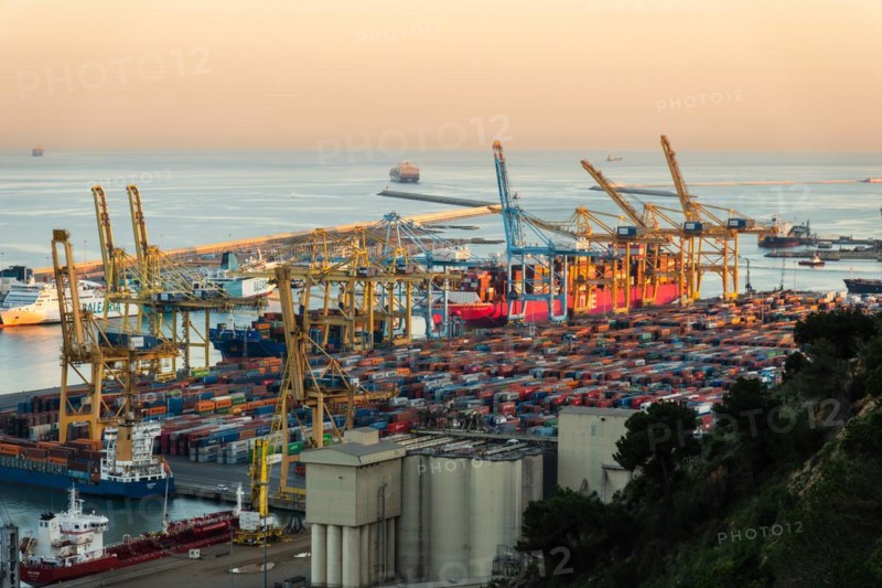 Container harbour in evening light in Barcelona, Spain, Europe