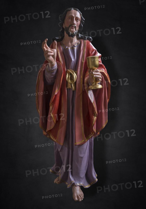 Life-size, carved Jesus figure, Last Supper figure, 350-year-old processional figure on a dark background, Neunkirchen am Brand, Middle Franconia, Bavaria, Germany, Europe
