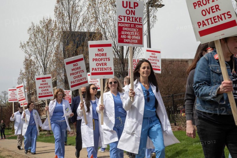 Detroit, Michigan USA, 18 April 2024, Doctors in the emergency room at Ascension St. John Hospital began a one-day strike to protest understaffing and unsafe conditions. The emergency room is operated by Team Health, which is owned by the private equity firm Blackstone. The 43 emergency doctors, physician assistants, and nurse practitioners organized the Greater Deroit Association of Emergency Physicians nearly a year ago