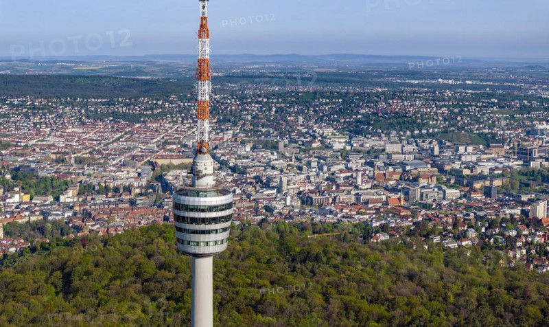 TV tower, world's first reinforced concrete tower, landmark and sight of the city of Stuttgart and official cultural monument, panoramic photo, drone photo, view of the city centre with collegiate church, Old Palace, New Palace, main railway station, Stuttgart, Baden-Wuerttemberg, Germany, Europe