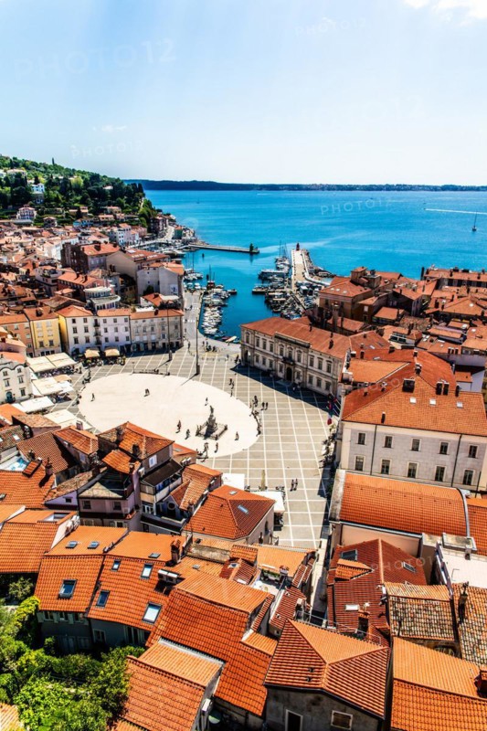 View from the bell tower over Piran and Tartin Square, harbour town of Piran on the Adriatic coast with Venetian flair, Slovenia, Piran, Slovenia, Europe