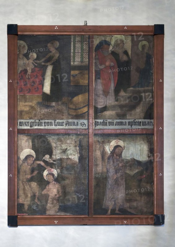 Four fragments of a Lenten cloth from the end of the 15th century, mounted as a wall panel, St Sebastian Church, Sulzfeld am Main, Lower Franconia, Bavaria, Germany, Europe