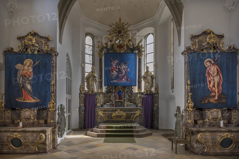 Three historic Lenten cloths in front of the altars, St Nicholas parish church, Gundelsheim, Baden-Wuerttemberg, Germany, Europe