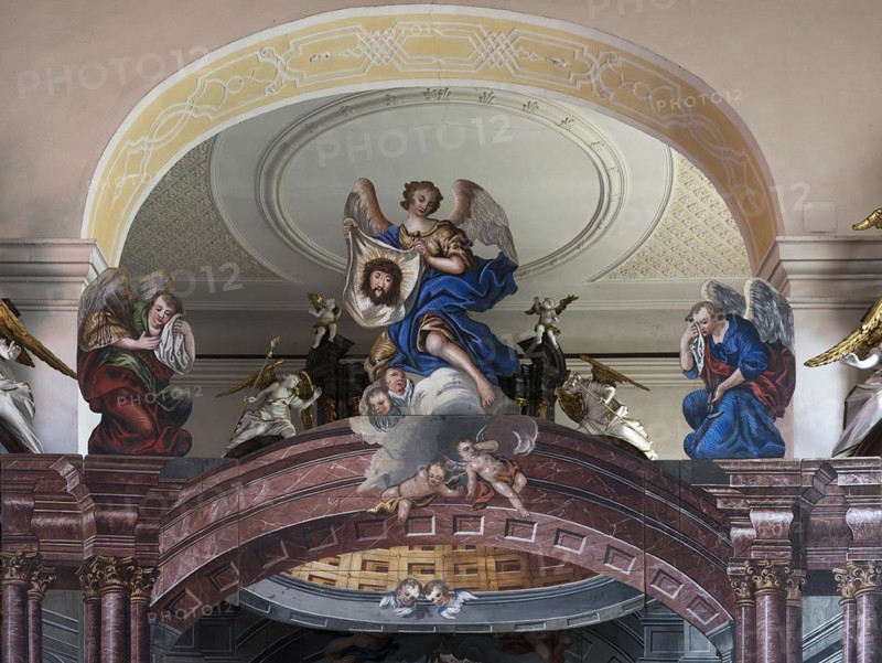 Detailed view of the Holy Sepulchre, created in 1764, in front of the altar of St Bartholomew's Church, Kleineibstadt, Lower Franconia, Bavaria, Germany, Europe