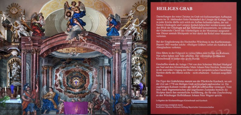 The Holy Sepulchre, created in 1764, on the right an information board in St Bartholomew's Church, Kleineibstadt, Lower Franconia, Bavaria, Germany, Europe