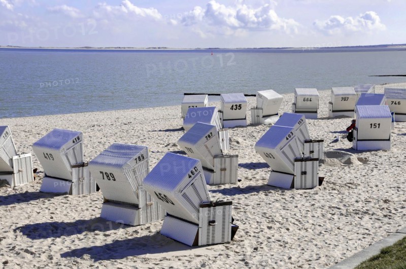 On the beach, Hoernum, Sylt, North Frisian Island, Schleswig Holstein, beach chairs on sand with a view of the calm sea under a clear sky, Sylt, Schleswig-Holstein, Germany, Europe