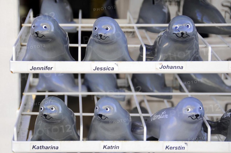 Sylt, North Frisian island, Schleswig-Holstein, ceramic seal figurines on a shelf, each labelled with a name, Sylt, North Frisian island, Schleswig-Holstein, Germany, Europe