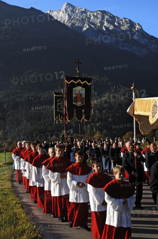 Altar servers at a harvest thanksgiving procession in Ramsau, Ramsau, Upper Bavaria, Germany, Europe