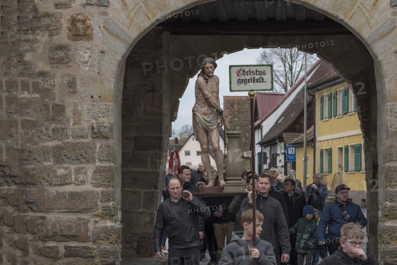 Historic Good Friday procession for 350 years with life-size wood-carved figures from the 18th century, Neunkirchen am Brand, Middle Franconia, Bavaria, Germany, Europe