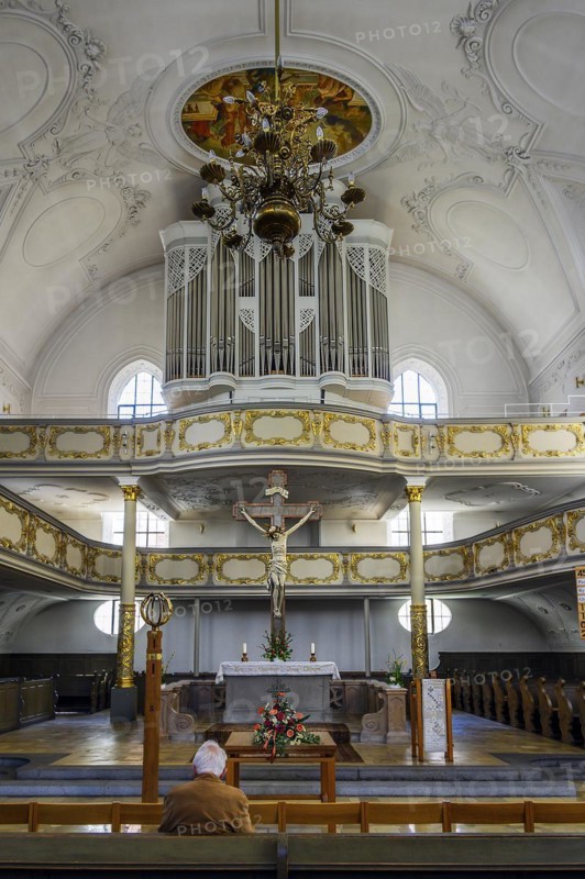 Organ loft, Dreifaltigkeitskirche, Kaufbeuern, Allgaeu, Swabia, Bavaria, Germany, Europe
