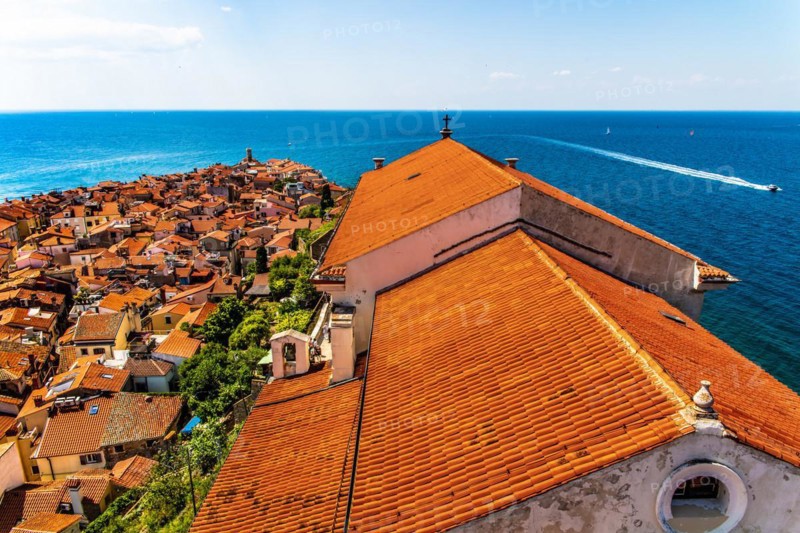 View from the bell tower over Piran, harbour town of Piran on the Adriatic coast with Venetian flair, Slovenia, Piran, Slovenia, Europe