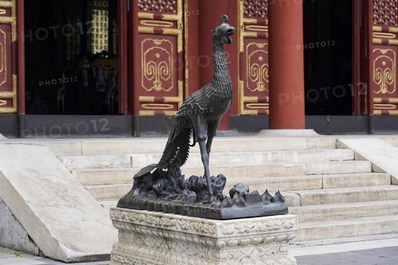 New Summer Palace, Beijing, China, Asia, A traditional peacock sculpture in front of the steps of a temple, Beijing, Asia