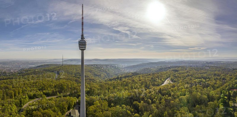 TV tower, the world's first reinforced concrete tower, landmark and sight of the city of Stuttgart and official cultural monument, panoramic photo, drone photo, Stuttgart, Baden-Wuerttemberg, Germany, Europe