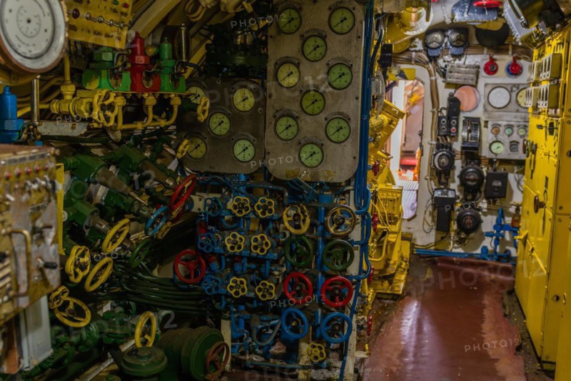 Photo of various gauges, dials, valve controls and other component inside submarine on display at Unification Park in Gangneung, South Korea, Asia
